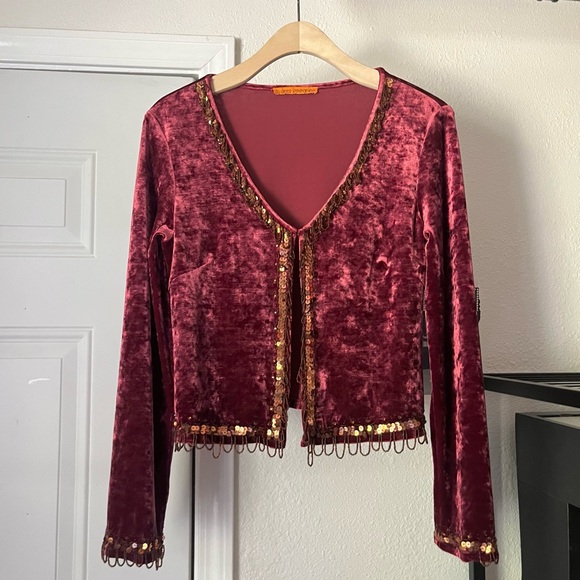 by deep los angeles Tops - BY DEEP LOS ANGELES vintage burgundy red crushed velvet sequin beaded fringe top